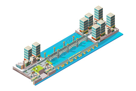铁路模型城市河流景观插画