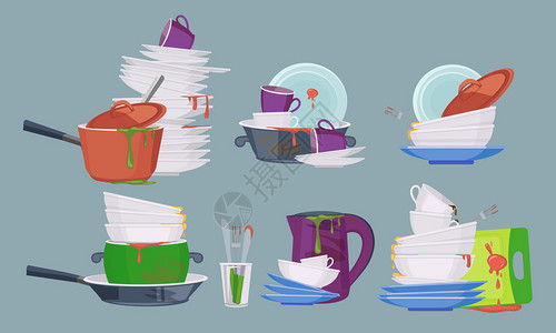 餐具洗涤脏盘子餐厅厨房用于清洗和洁脏盘子的空物品收集脏盘子的空物品高厚餐具和污土插图插画