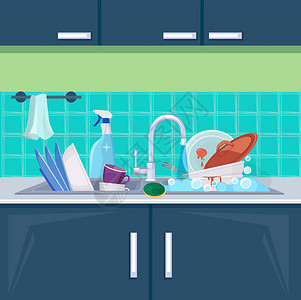 凌乱厨房厨房肮脏的洗碗槽插画
