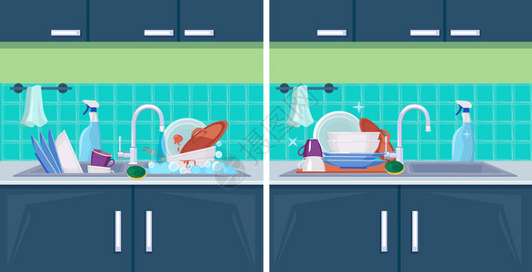 清洁瓷砖厨房肮脏的洗碗槽和干净的洗碗槽插画