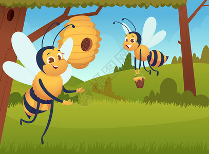 卡通可爱蜜蜂采蜜矢量插画图片