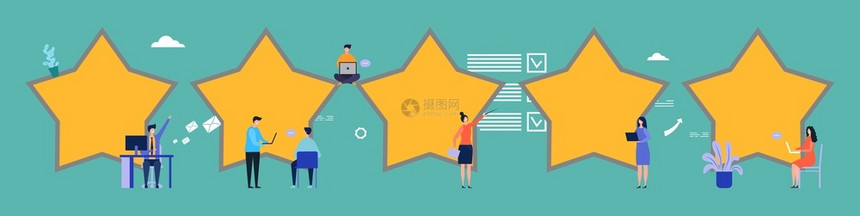 客户审查反馈5个恒星矢量平板图例评级平小人物写评论级服务客户反馈图片