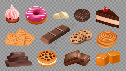 巧克力甜甜食收藏真实的饼干巧克力蛋糕软焦糖矢量套装说明蛋糕食品甜点饼干和糖果现实的饼干软焦糖插画