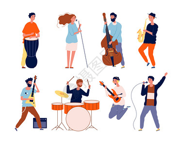 贝斯手摇滚乐团音家在器表演阶段矢量背景上唱歌和演奏摇滚音乐会队团表演插图音乐队角色插画