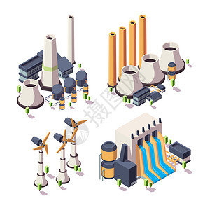 水利系统核电站火力风力水利发电厂插画