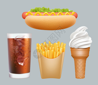 热食品真实的垃圾食品热狗冷饮冰淇淋薯条矢量3D图表饮料和热香肠薯条冰淇淋插图快速食品现实的垃圾食品热狗3d图表插画