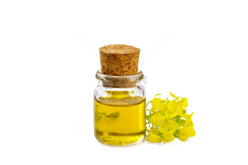 玻璃瓶中的芥子油白色背景的黄芥子花图片
