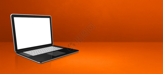 橙色办公室现场背景横幅上的笔记本电脑3D说明图片