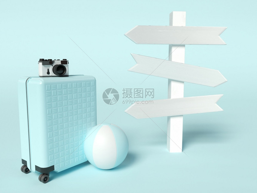3D说明带沙滩球和路标的旅行手提箱夏季旅行概念图片