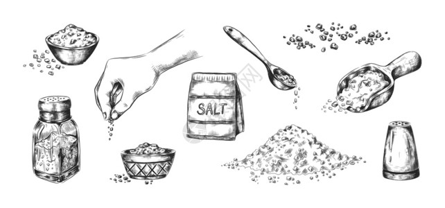 一勺子调味料手工抽盐真实的电池或碗有咸味调料的碗大量粉末和加钠水晶的勺子烹饪和保存食物的传统成分病媒素描现实的盐电池或加调味料的碗粉末和含有插画