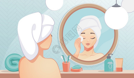 浴室镜子女孩皮肤护理在浴室清洗脸皮和使用夜间润肤剂的卡通美容女孩镜像反射女日常活动以及女日常美容有机化妆品和奶油病媒概念镜像反射女日常活插画