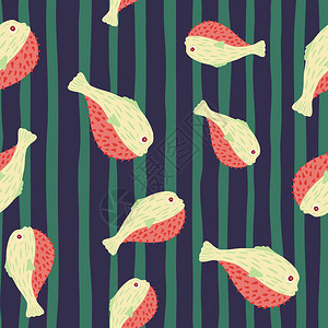 红色条纹鱼河豚平铺矢量背景图插画
