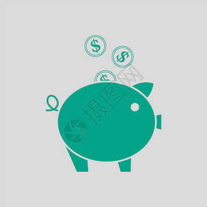 银行矢量金币瀑布在小猪银行的图标绿色灰背景矢量说明背景
