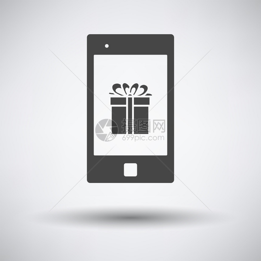 屏幕图标上的带礼品盒智能手机灰色背景上的黑暗灰色圆影矢量说明图片