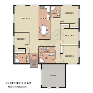 住宅楼层计划配有家具和车库公寓建筑设计矢量插图图片