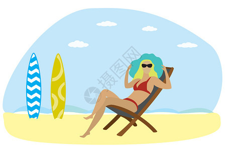 海滩穿泳衣的女孩在椅上休息图片