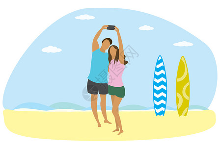 度假者在海洋滩和两个冲浪板上相爱的幸福情侣人们用简单的时尚风格来进行自拍充气矢量图解插画