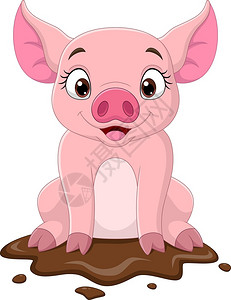 猪肉泥坐在泥里着的卡通猪插画