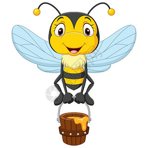 传粉卡通可爱的小蜜蜂拿着桶插画