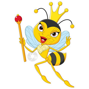 黄色蜂浆卡通可爱的蜜蜂蜂后拿着拐杖插画