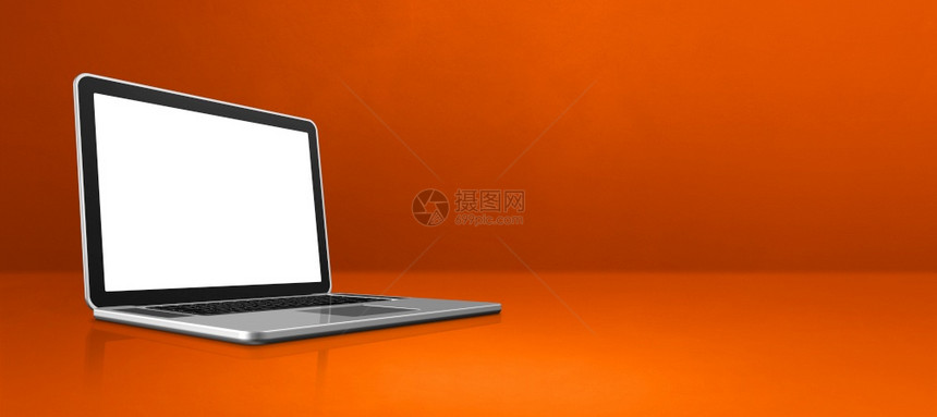 橙色办公室现场背景横幅上的笔记本电脑3D说明图片