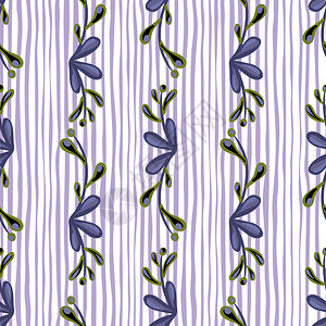 紫色花枝以涂鸦样式装饰无缝图案浅色条纹背景自然设计用于布料纺织品印刷包装封面矢量图解自然背景插画