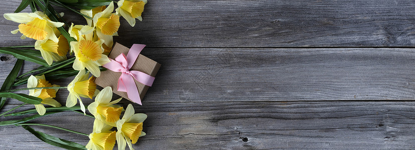 为母亲节爱假期概念设计的有风化木板上黄水仙子的礼品盒图片