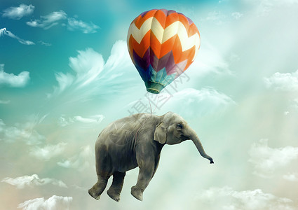飞翔的气球大象漂浮或随气球飘飞翔上面有天空和云彩背景超真实的奇幻象图解自由概念想象超现实主义梦想背景