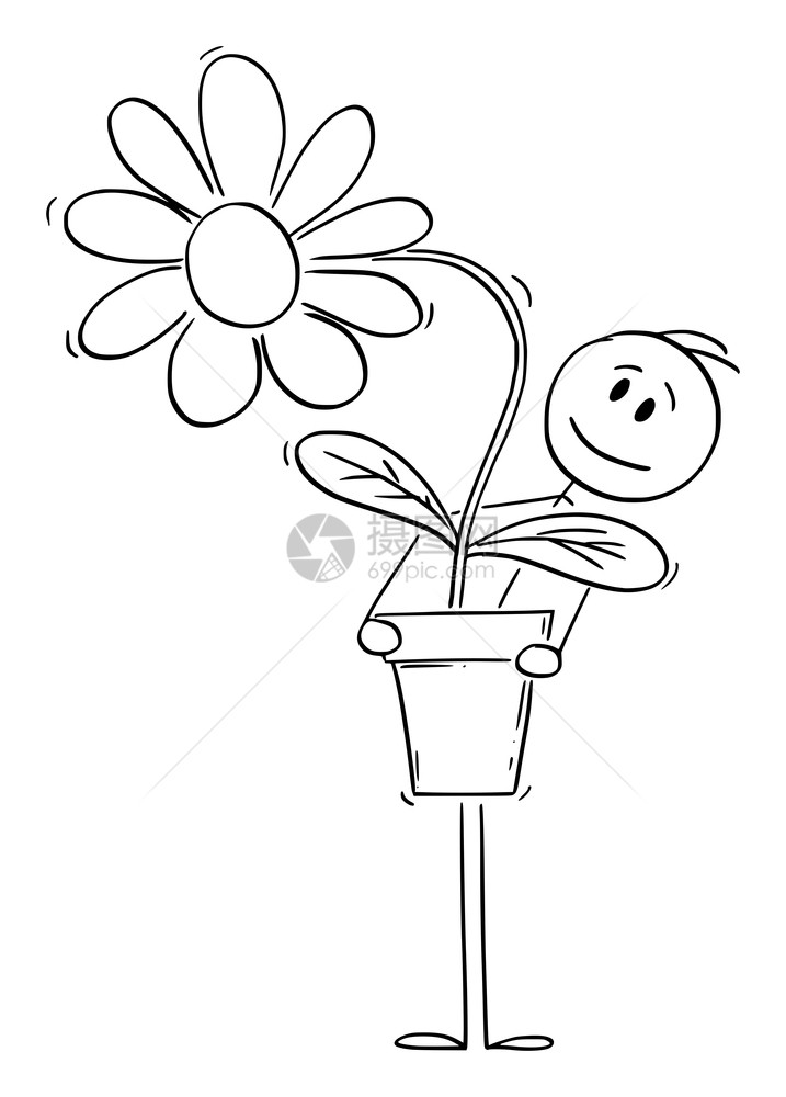 男人或情将大植物花朵放在锅里盆矢量卡通插图或字符说明人将大花或植物放在锅里矢量卡通棒图I说明图片