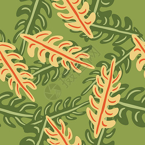 无缝模式随机抽象黄色和绿色的植物在绿色背景上图片