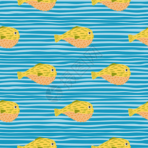河豚料理手绘黄色河豚平铺矢量背景图插画