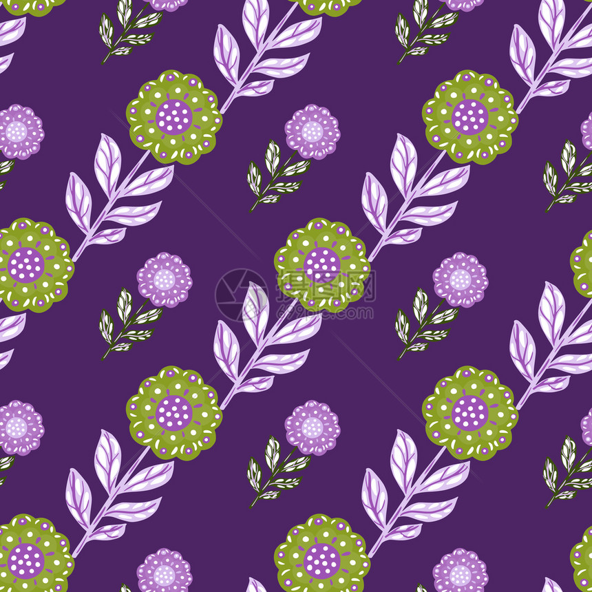 无缝模式绿紫色花朵在深色背景上图片