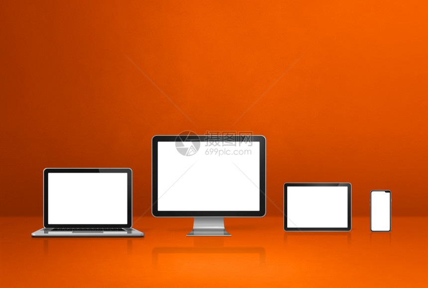 计算机膝上型移动电话和数字平板脑移动话和数字平板脑橙色办公桌背景3D说明计算机图片