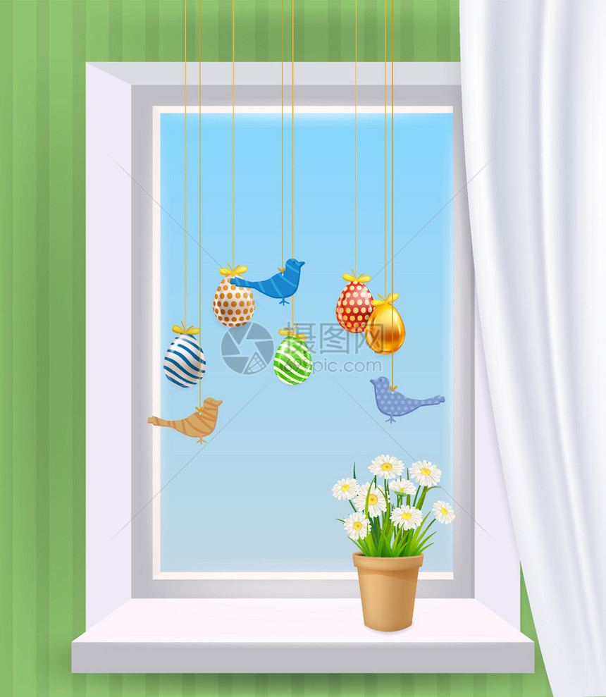 窗台上的复活节彩蛋和花朵盆栽卡通矢量插画图片