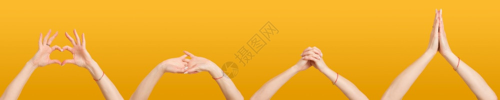 女手在各种场合的几不同手势在黄色背景上贴近了面孔背景图片