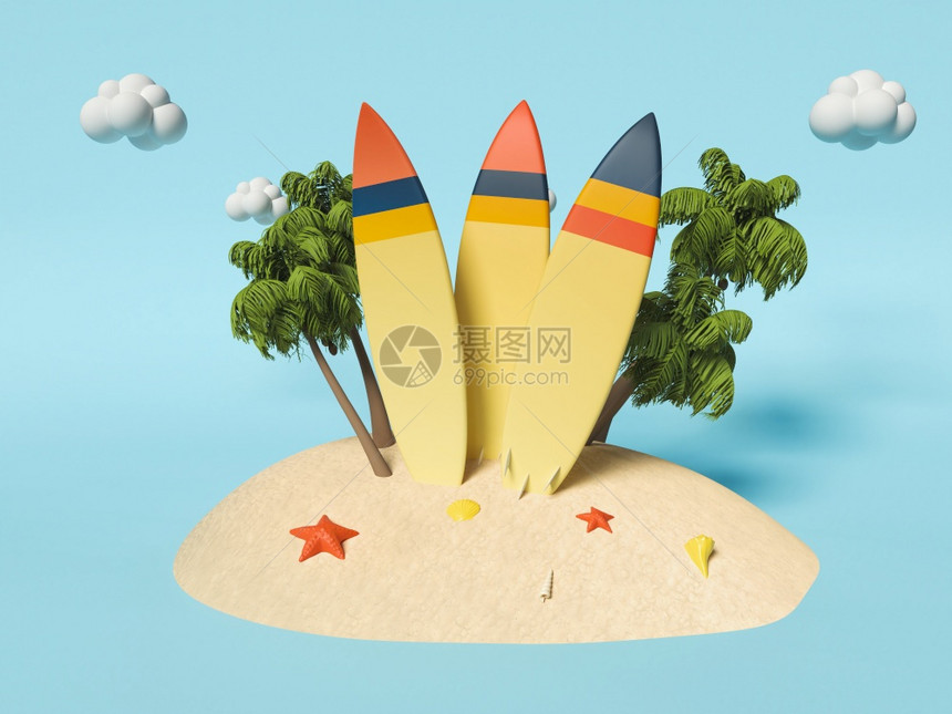 3个插图棕榈沙上冲浪板暑假概念图片