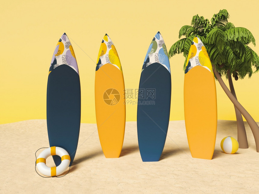 3个插图棕榈沙上冲浪板暑假概念图片