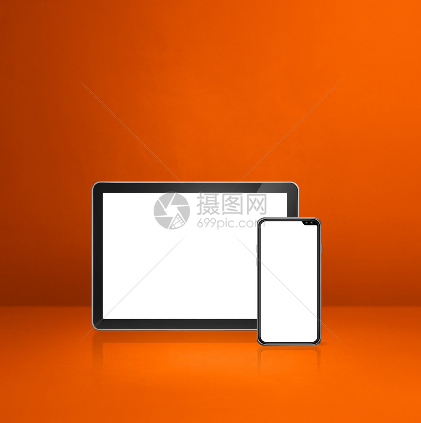 3D说明移动电话和橙色办公桌上的数字平板电脑橙色办公桌上的数字平板电脑图片