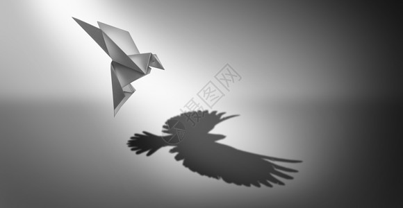 千山鸟飞绝作为领导力的商业象征和增长的成功比喻愿景和雄心作为折纸鸟在3D插图风格中呈现出一个强大的真正翅膀影子背景