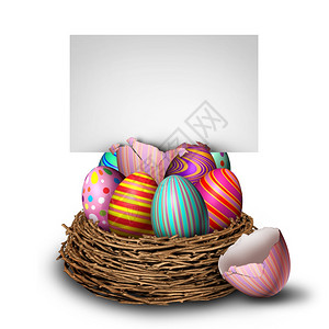 复活节背景横幅标语春季庆祝活动一名黄小鸡坐在个巢穴里装饰的彩蛋上图片