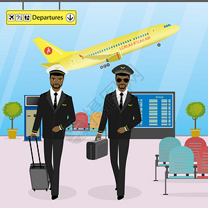 美国机场载客乘务人员在现代机场行走携带李穿制服的驾驶员机场内部和家具卡通矢量插图插画