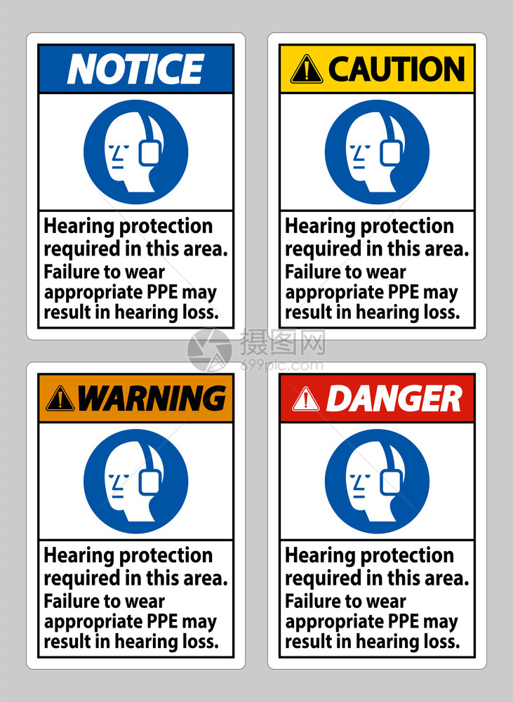 在该地区需要的听力保护未能穿戴适当的个人防护设备可能导致听力损失图片