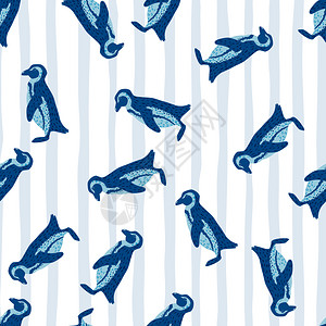 无缝随机动物园模式有蓝色企鹅环影打印有条纹的浅背景适合织物设计纺品印刷包装封面矢量插图无缝随机动物园模式有条纹的浅背景背景图片