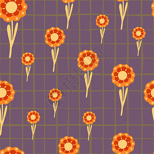 创作自然无缝模式配有随机橙色民间花饰紫色彩背景设计用于织物纺品印刷包装封面矢量插图紫色彩背景背景图片