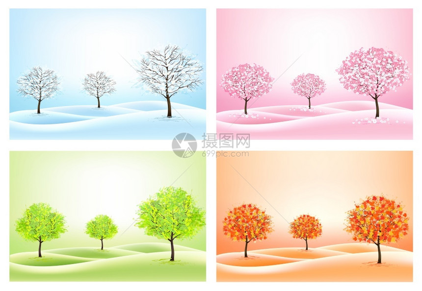 四种自然背景有代表不同季节的平质树矢量图片