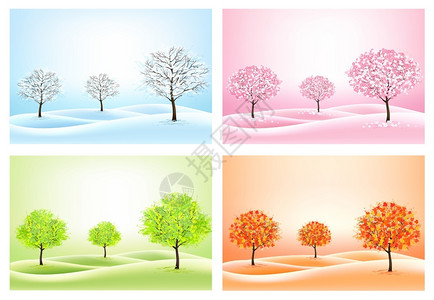 不同肤质四种自然背景有代表不同季节的平质树矢量插画