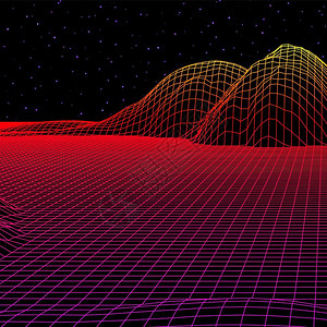 科尔丘拉以80年代的电线框架网状80年代的陆景图案以红色山峰或丘为背景的三维结构以追溯式计算机游戏或科学为背景的三维结构插画