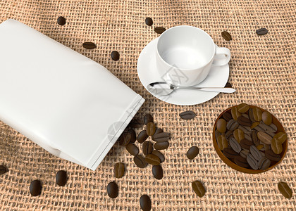 3D说明咖啡杯用空袋和豆品牌概念图片