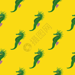 无缝模式卡通绿色鳄鱼黄色背景图片