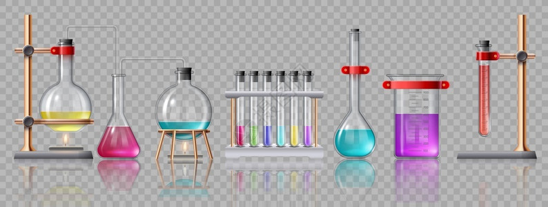 组套工具现实化验室设备玻璃管瓶燃烧器和装有化学品的玻璃瓶化学实验室试矢量组说明实验室研究玻璃测试设备化学实验室试矢量组插画